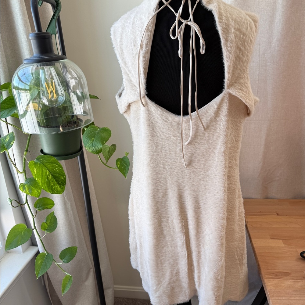 Express Ivory Sleeveless Mini fuzzy soft fur open back Dress